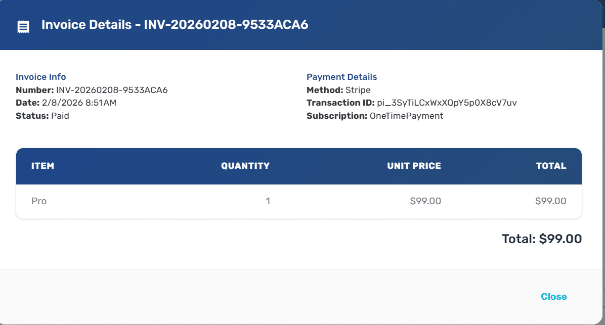 Invoice preview dialog showing the detailed charge breakdown with line items and totals