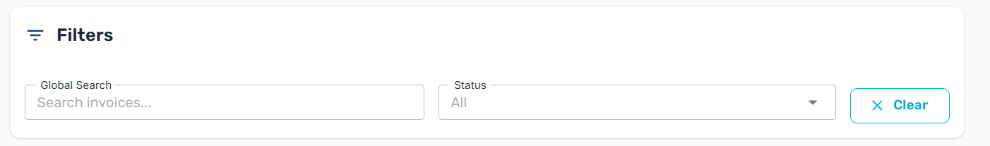 Search bar and status filter dropdown above the invoices table