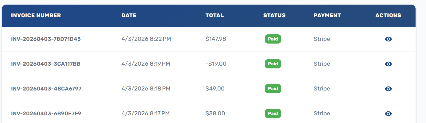 Invoices page showing the billing table with invoice number, date, total, status, and payment method columns