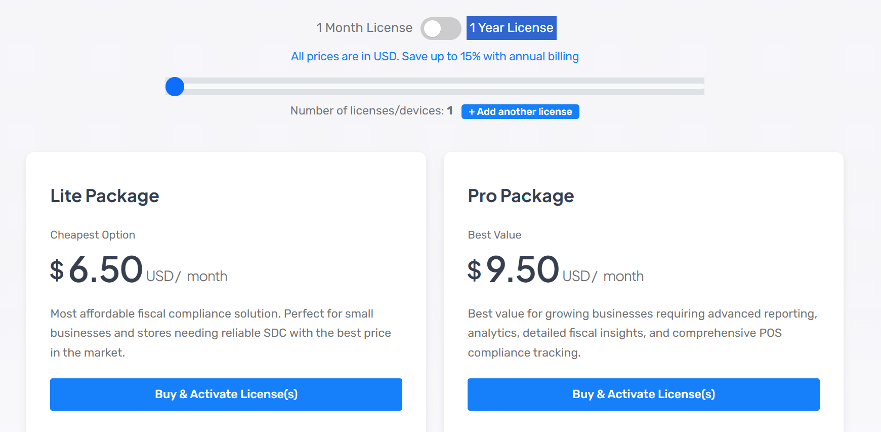 Plan selection page with billing toggle, license quantity selector, and Buy & Activate button