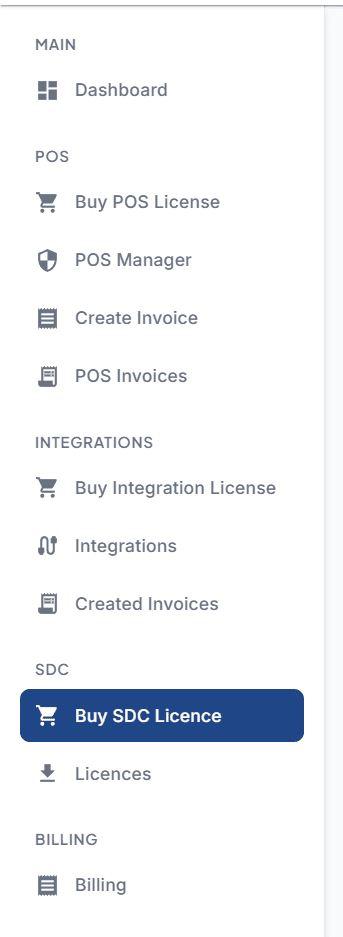 Client Portal sidebar showing the Buy SDC Licence, Buy POS License, and Buy Integration License links