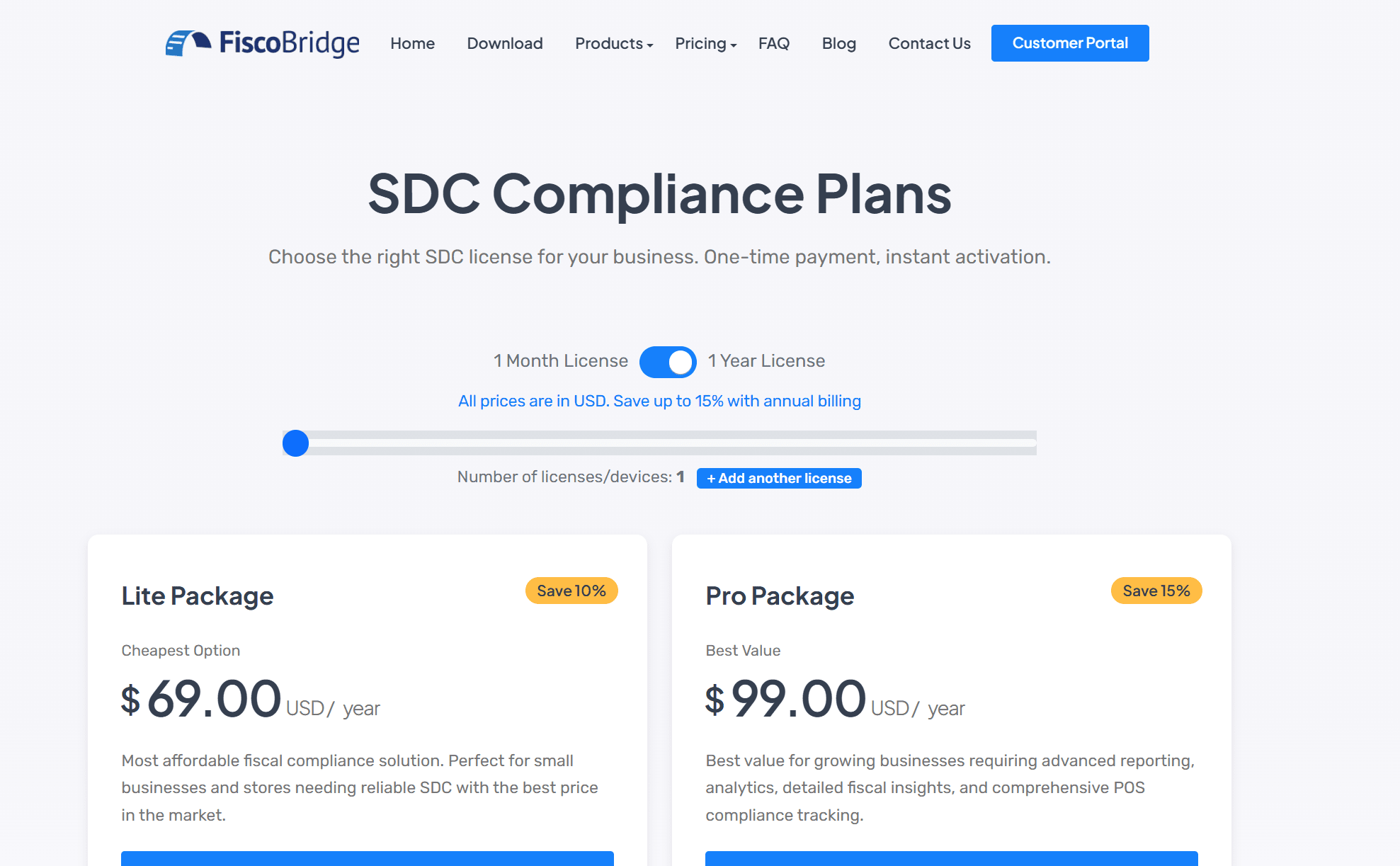 Pricing page showing SDC, Cloud POS, and Integrations plans with monthly and yearly toggle