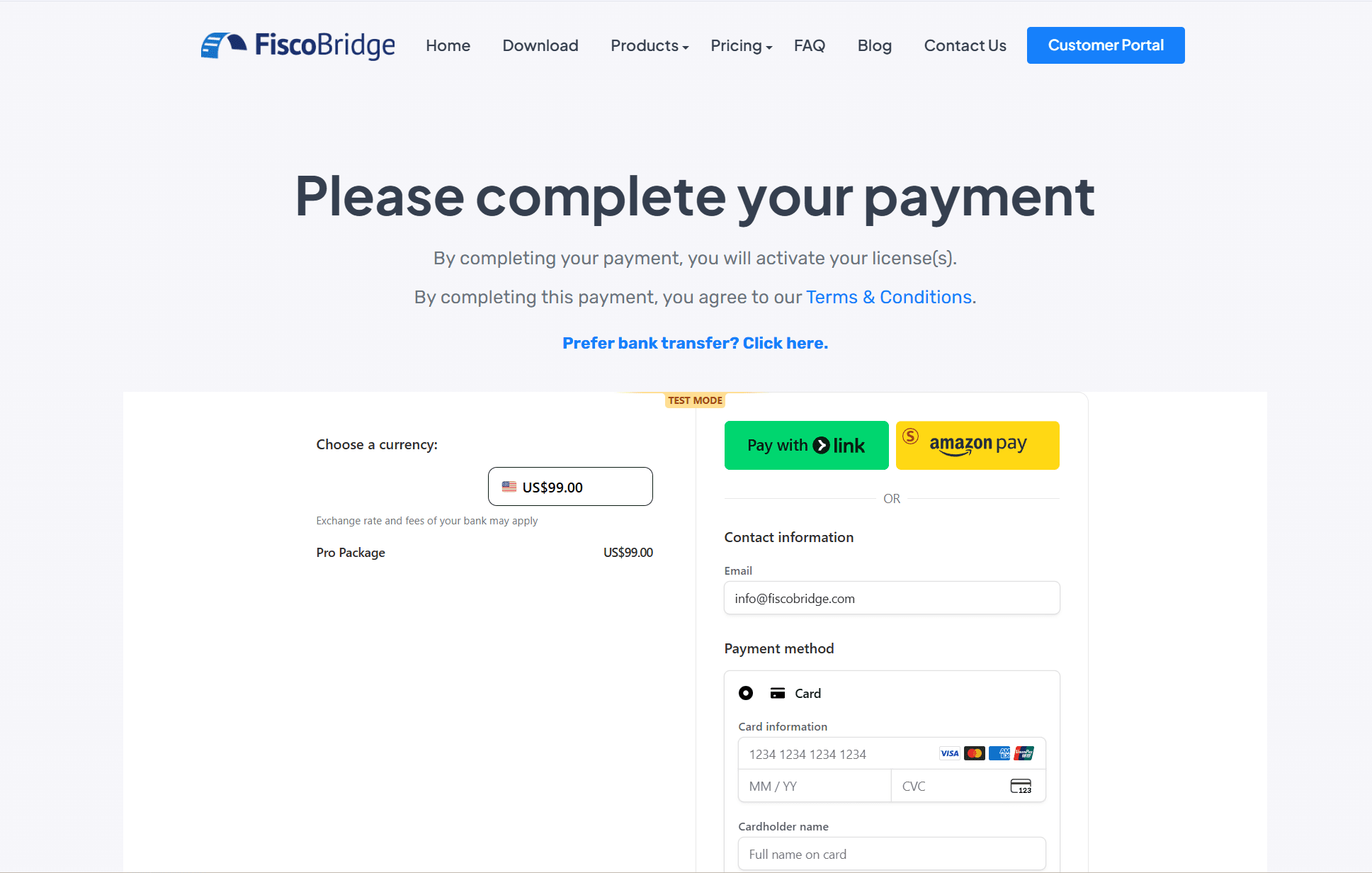 Stripe checkout page with payment card fields and order summary