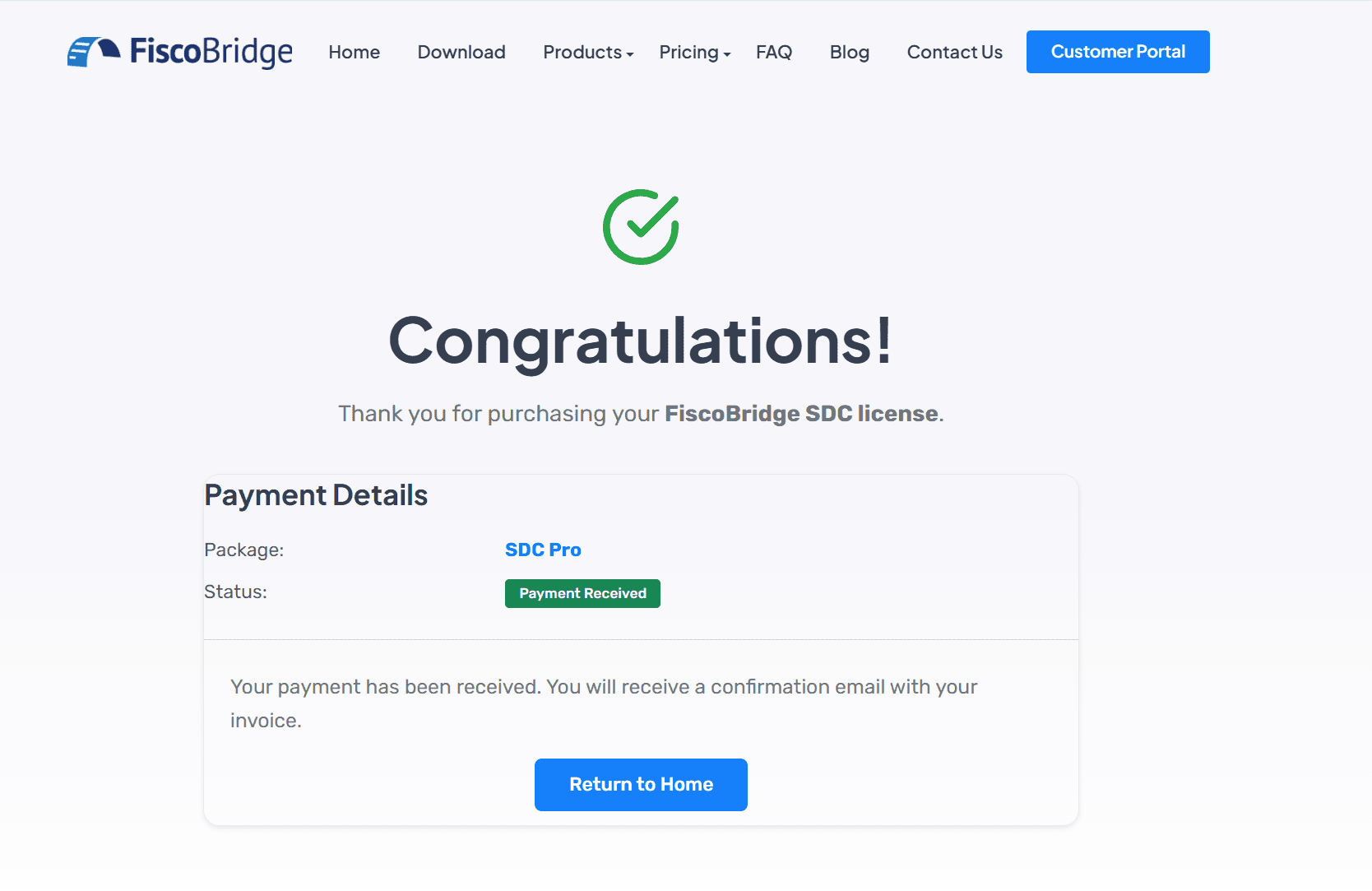 Success page confirming the license purchase with next steps