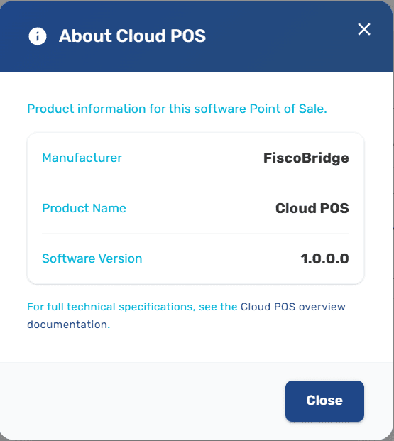 Cloud POS About dialog showing Manufacturer, Product Name, and Software Version