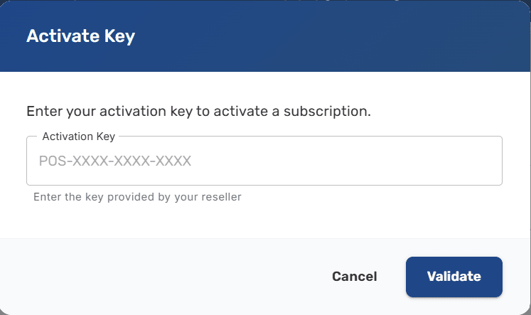 Activate Key dialog with the activation key input field and Validate button