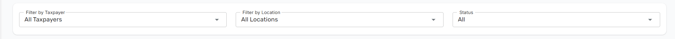 Filter bar on the POS Manager page with Taxpayer, Location, and Status dropdown menus