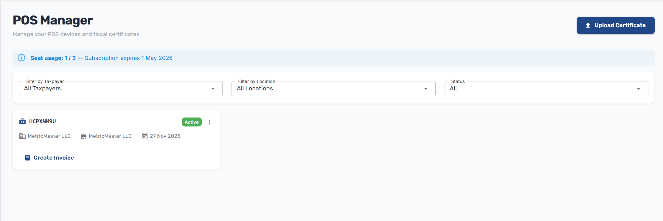 POS Manager list showing an uploaded certificate with UID, taxpayer, location, expiration, and status