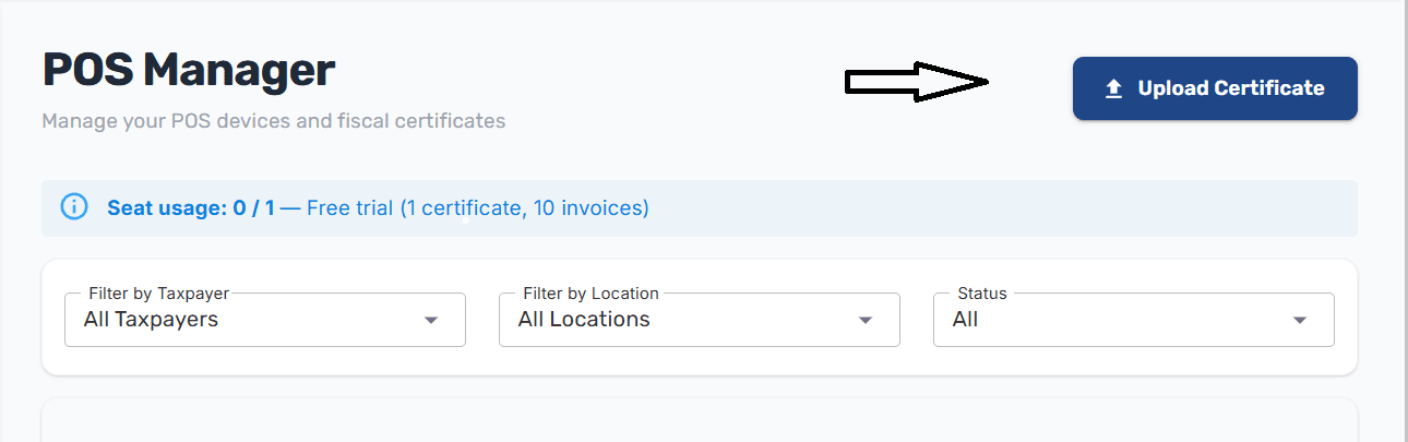 POS Manager page with the Upload Certificate button highlighted at the top
