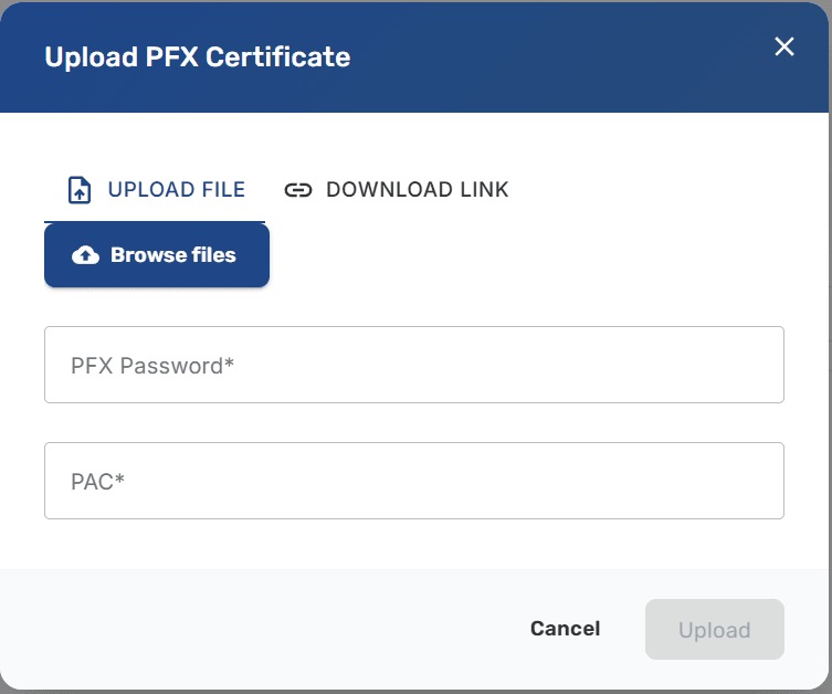 Upload certificate dialog with file picker and password field
