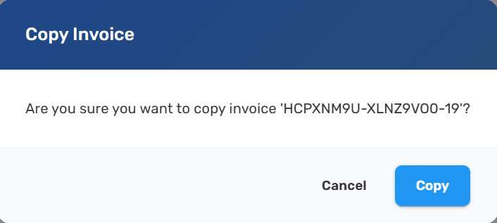 Copy Invoice confirmation dialog asking to confirm the creation of a fiscal copy