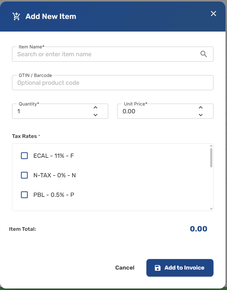 Add Item dialog with fields for GTIN, name, quantity, unit price, and tax category dropdown