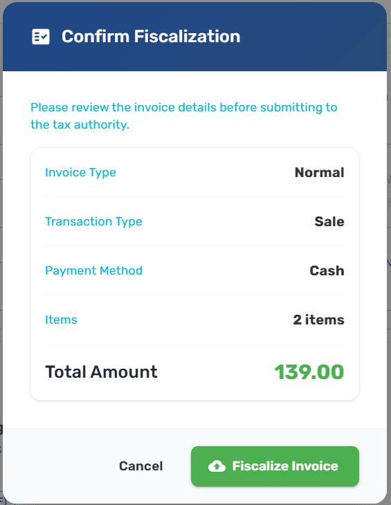 Fiscalization confirmation dialog summarizing invoice type, payment type, total amount, and item count with Confirm and Cancel buttons