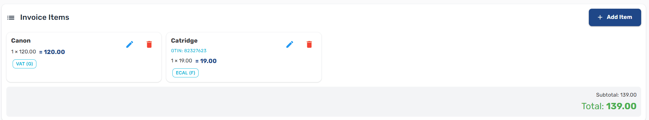 Invoice items listed as cards showing name, quantity, price, and tax category, with edit and delete icons and a running total at the bottom