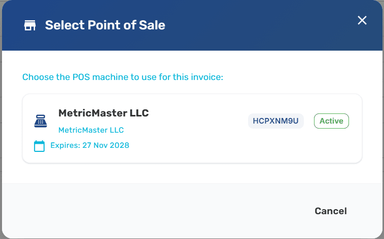 Create Invoice page showing the selected certificate with location, UID, and taxpayer name, with a Change POS button