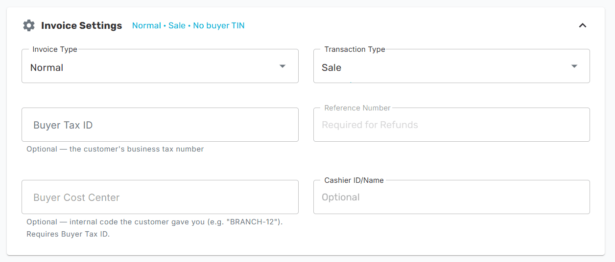 Invoice settings panel with dropdowns for invoice type and transaction type, and optional fields for reference number, buyer tax ID, buyer cost center, and cashier