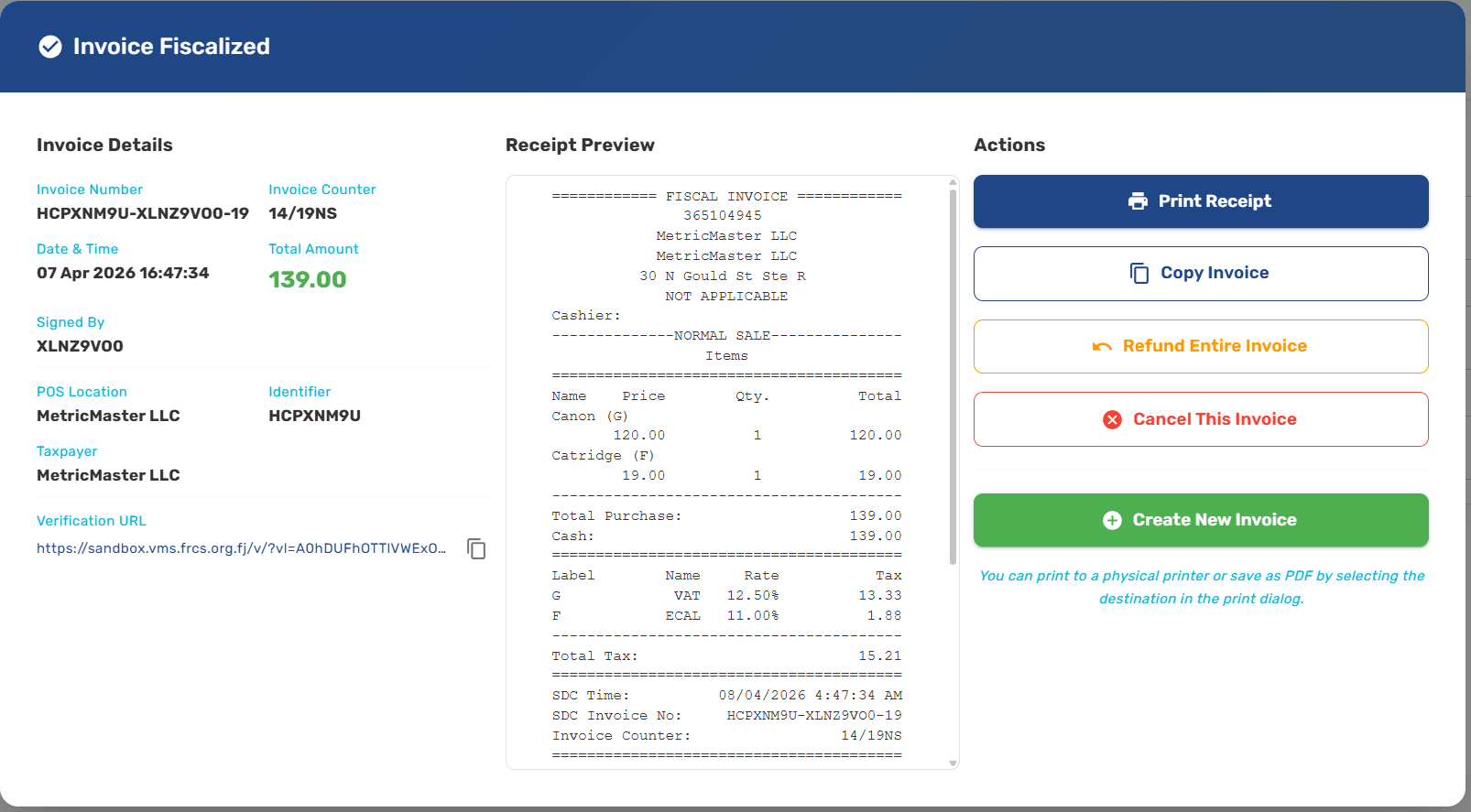 Fiscalization success screen showing invoice number, counter, timestamp, verification URL, QR code, and signed-by details