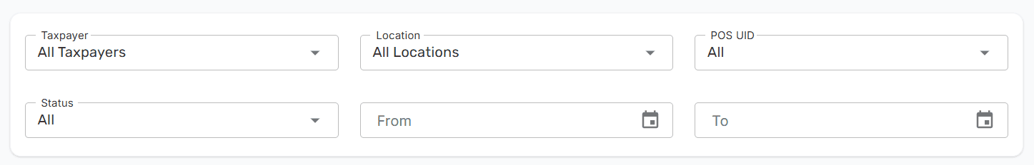 Filter bar above the invoices table with Taxpayer dropdown, Status dropdown, and From/To date pickers