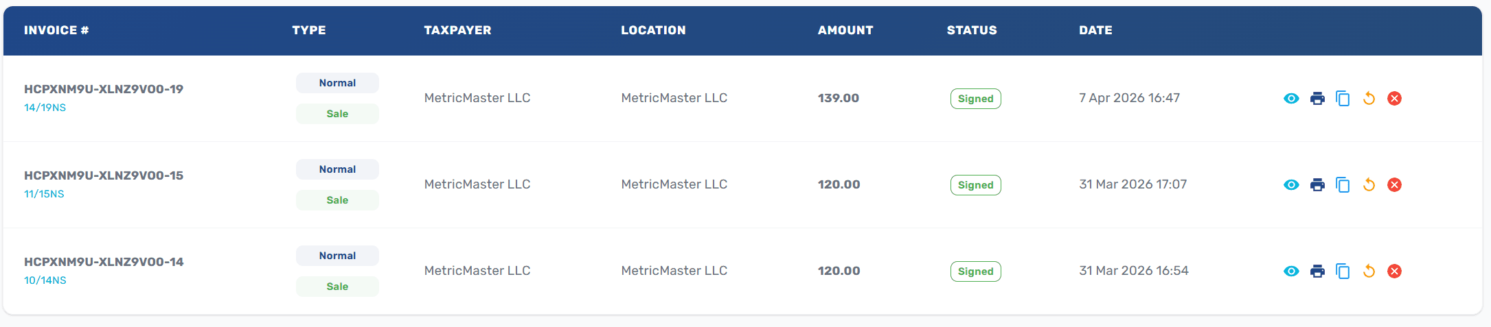 Integration Invoices page showing the invoices table with columns for invoice number, type, taxpayer, location, total, status, and created date