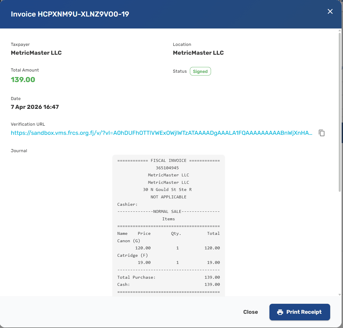 Invoice details dialog showing taxpayer, location, total, status, verification URL, journal content, and QR code