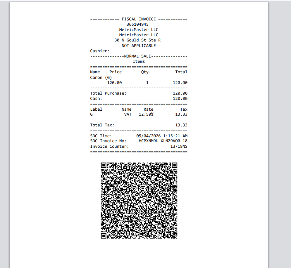 Browser print dialog showing the formatted fiscal receipt preview