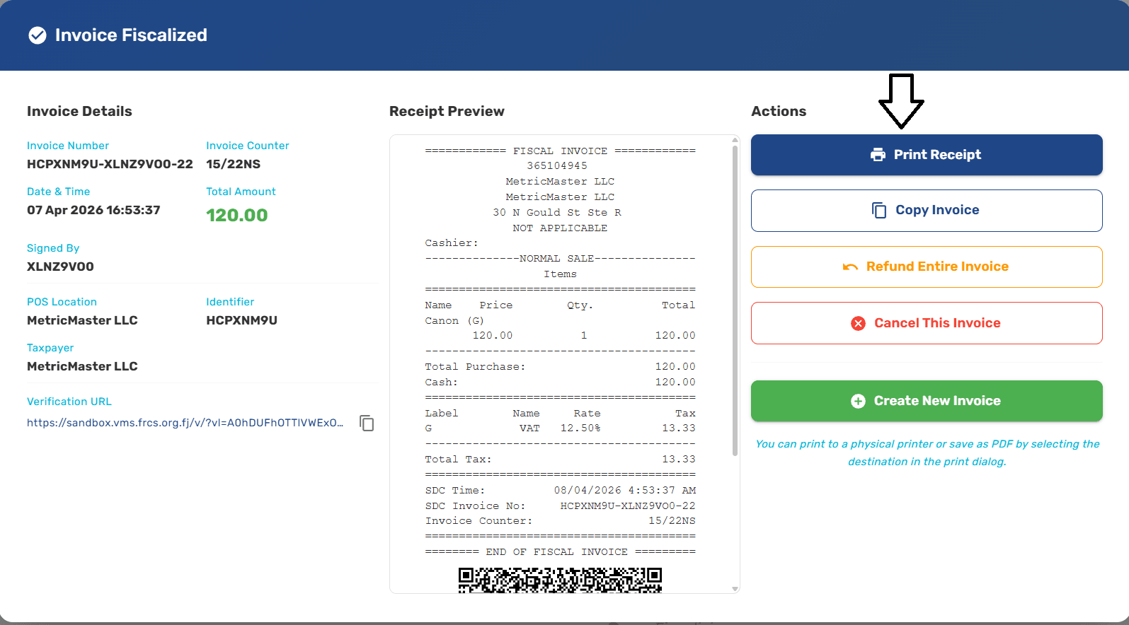 Fiscalization success dialog with the Print button highlighted