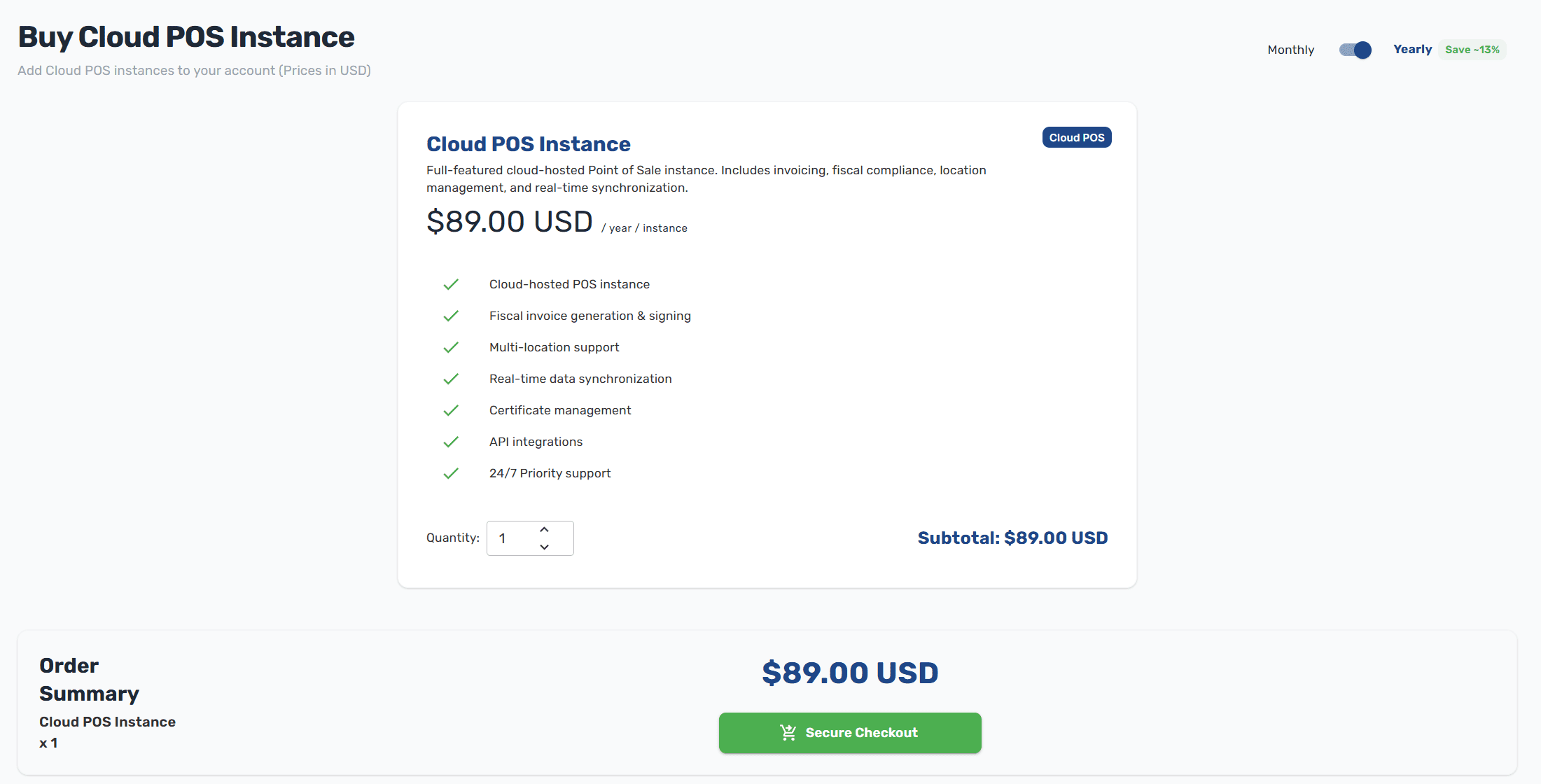 First-time purchase form with monthly/yearly toggle, seat quantity selector, and Secure Checkout button