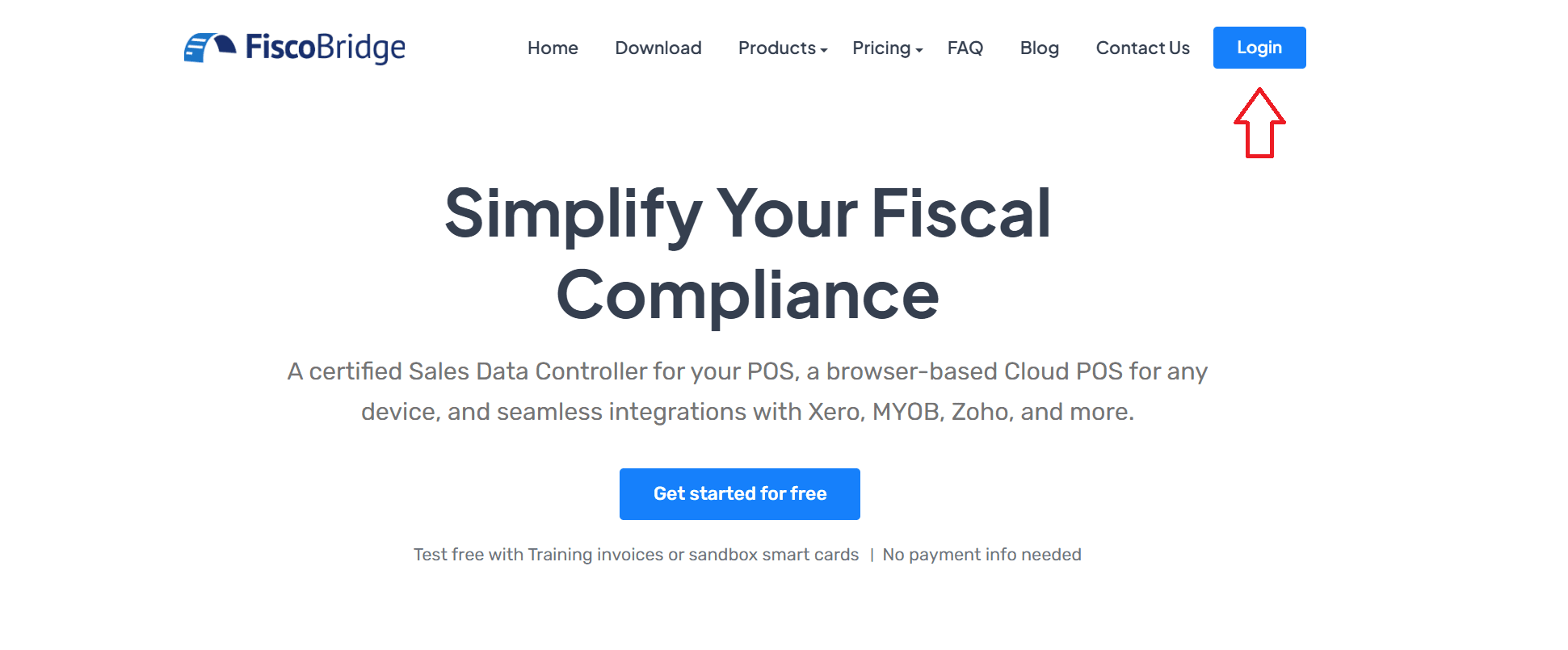 FiscoBridge homepage with the Login button highlighted in the top-right navigation bar