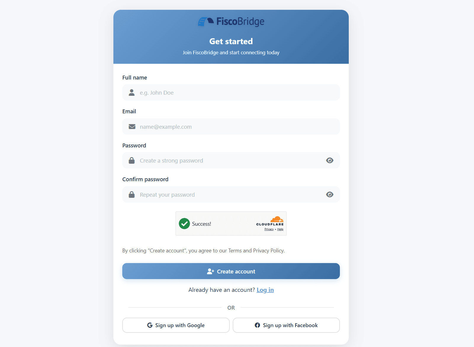 Registration form with fields for email, full name, password, and confirm password