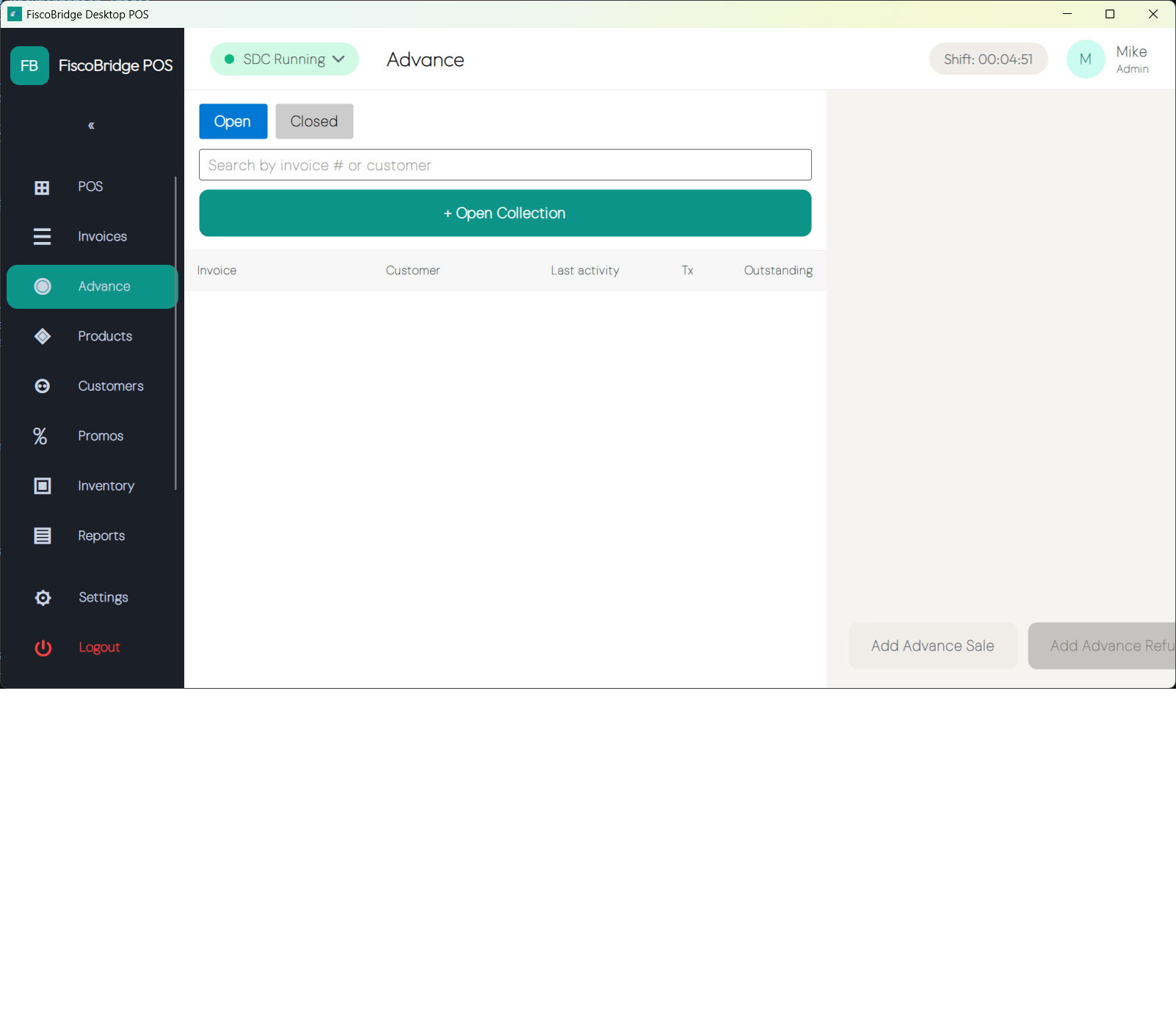 Advance collection screen showing an open tab with advance sales