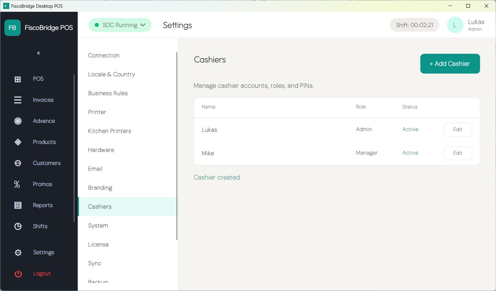Cashiers settings list with roles and active status