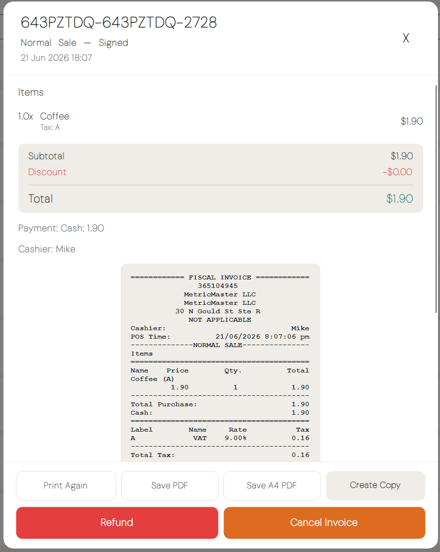Invoice details view with line items, payments, and fiscal info