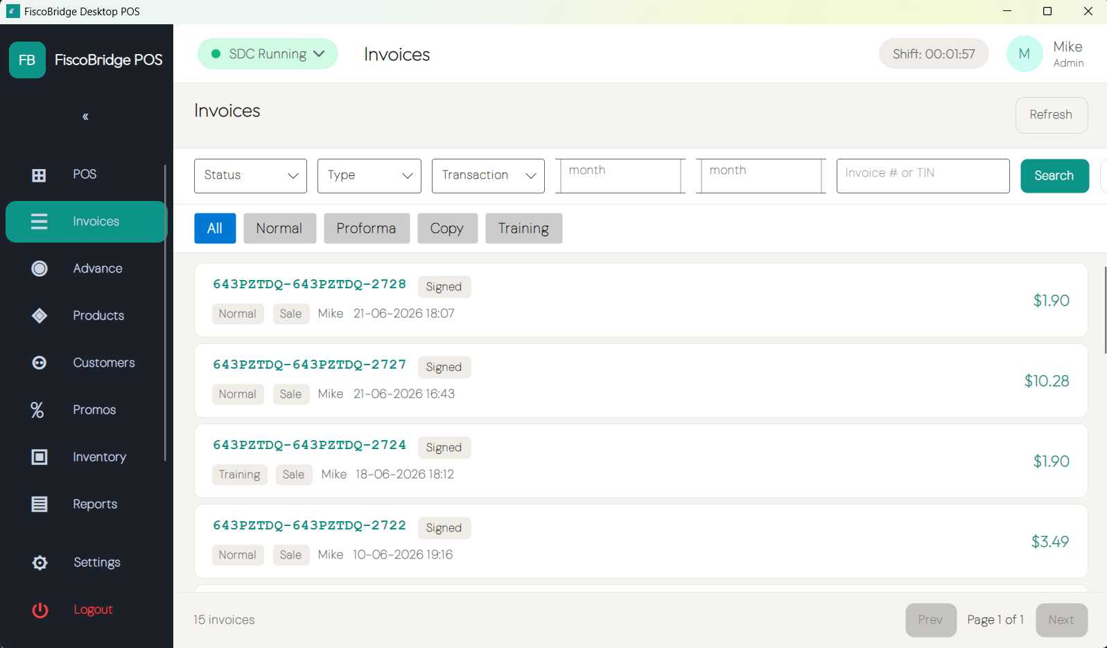 Invoice history list with filters and pagination