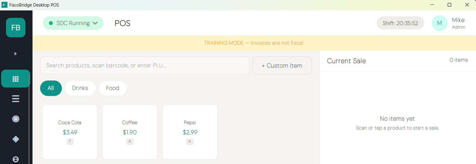 Training-mode banner shown across the top of the sales screen