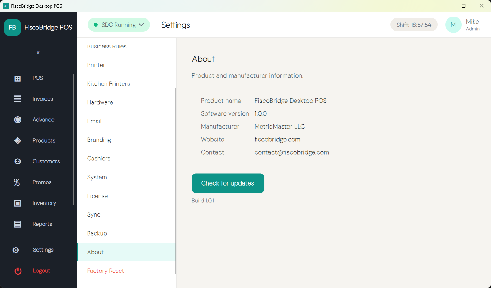 Desktop POS About dialog showing manufacturer MetricMaster LLC, product name Fisco POS, and software version