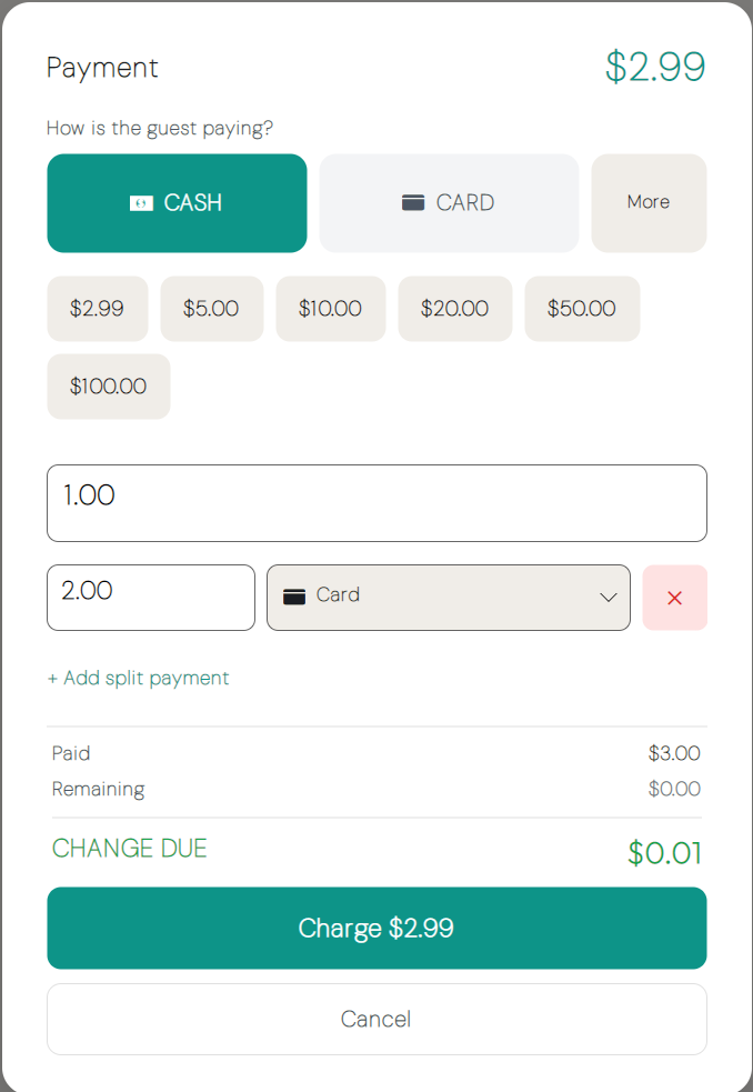 Split payment dialog with multiple methods, allocated and remaining totals