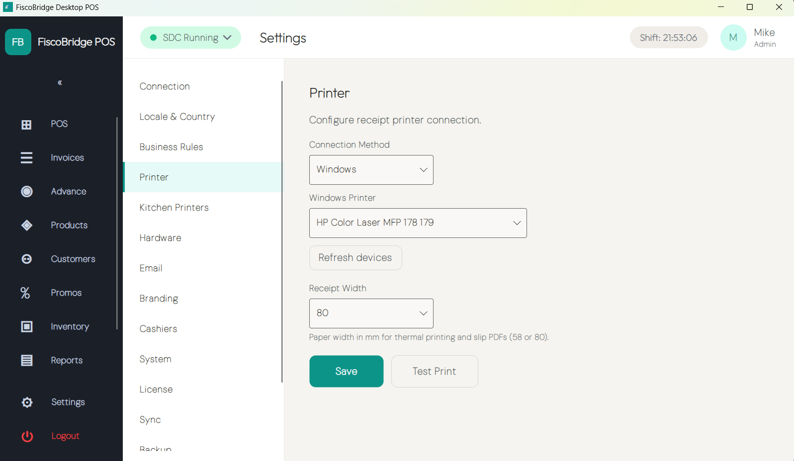 Printer settings with printer selection, paper size, and test print