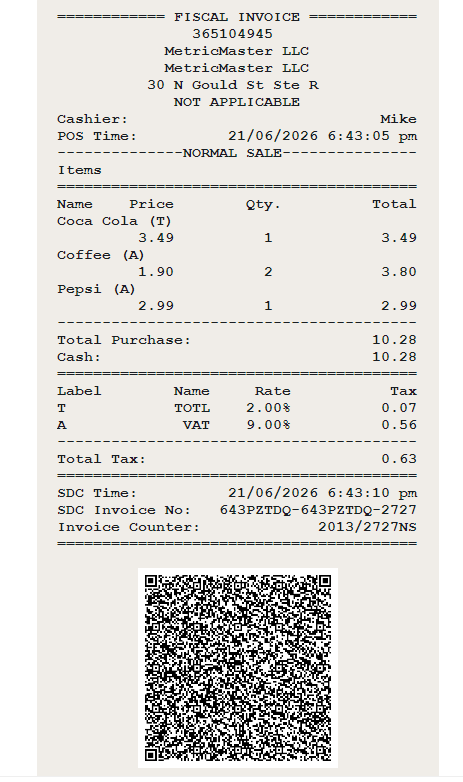 Sample fiscal receipt with items, tax breakdown, totals, and QR code