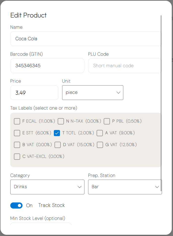 Product editor with price, tax label, category, and stock fields