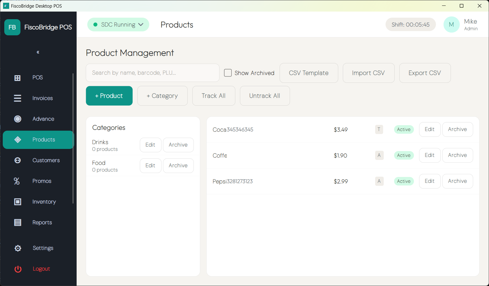 Product management list with search and category tree