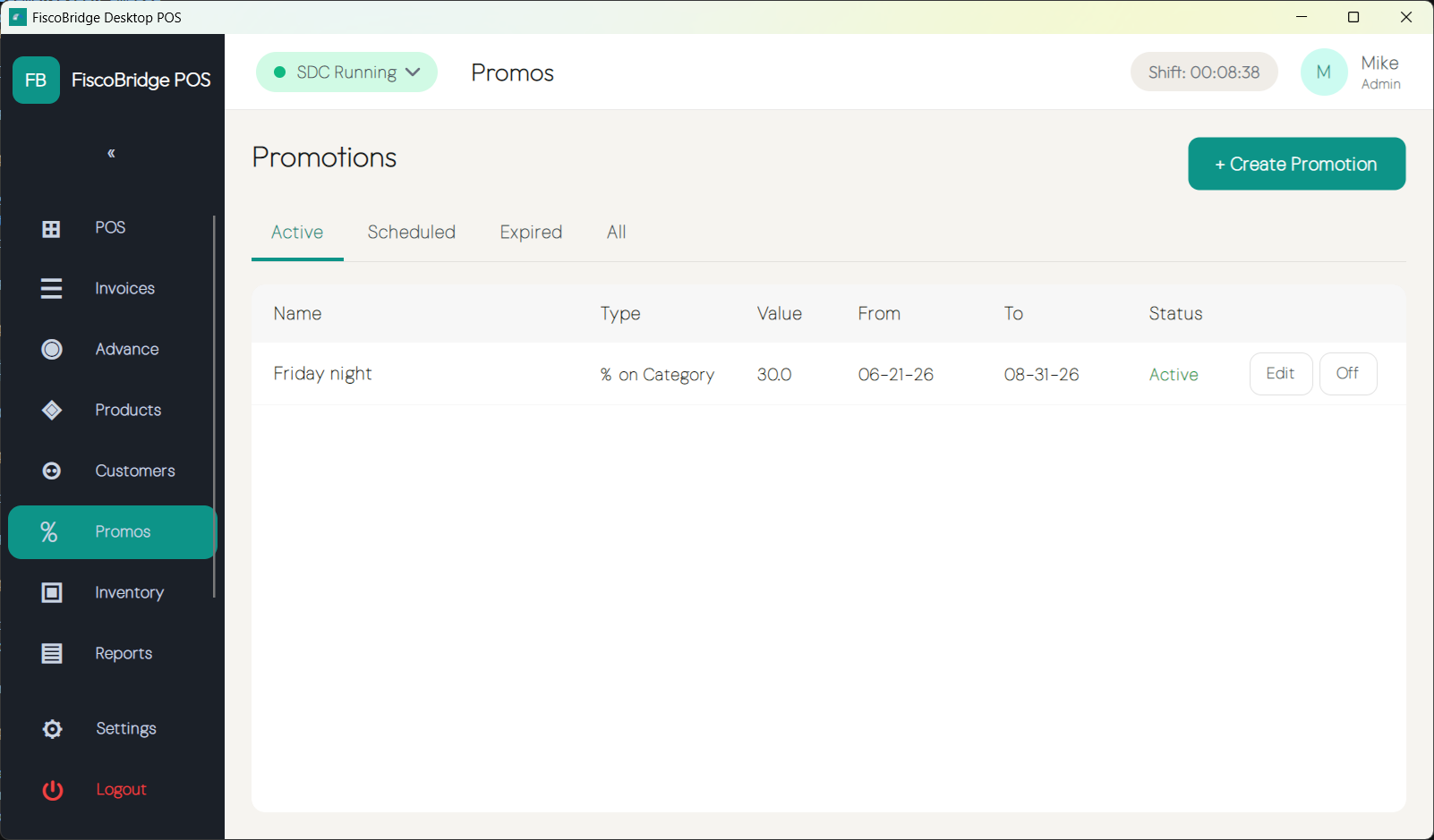 Promotions management list with rules and validity dates