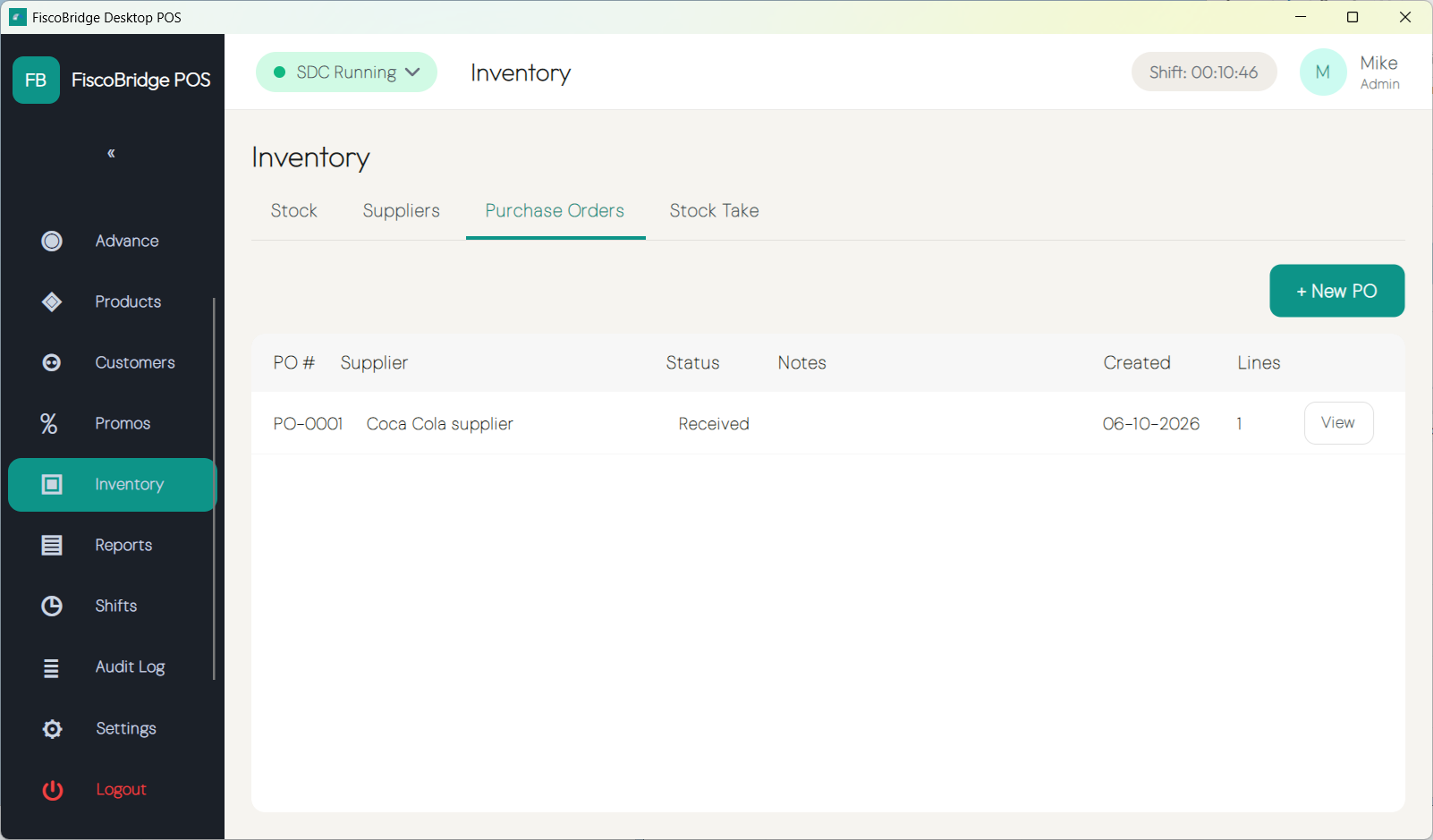Purchase order with line items and received quantities