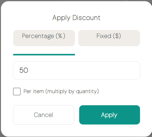 Discount dialog showing percentage and fixed-amount options