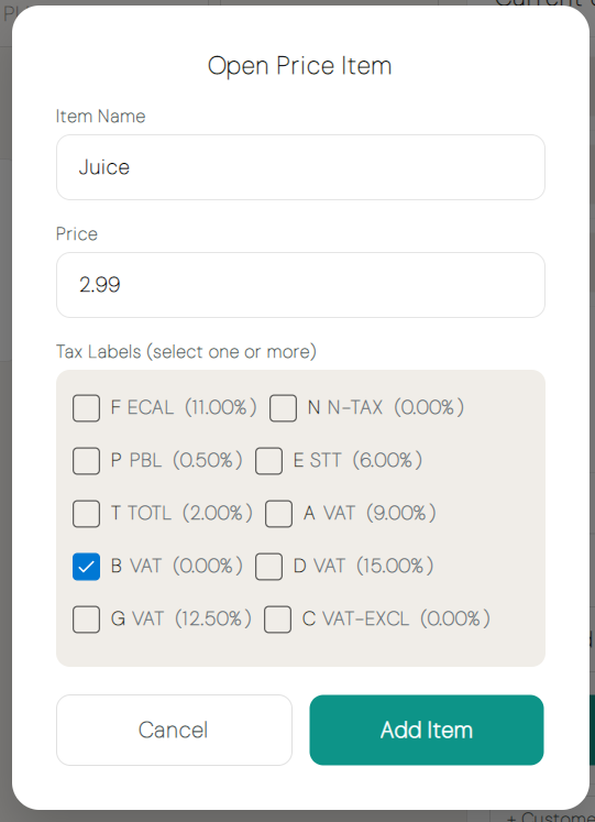 Open-price item dialog with name, price, and tax label selection