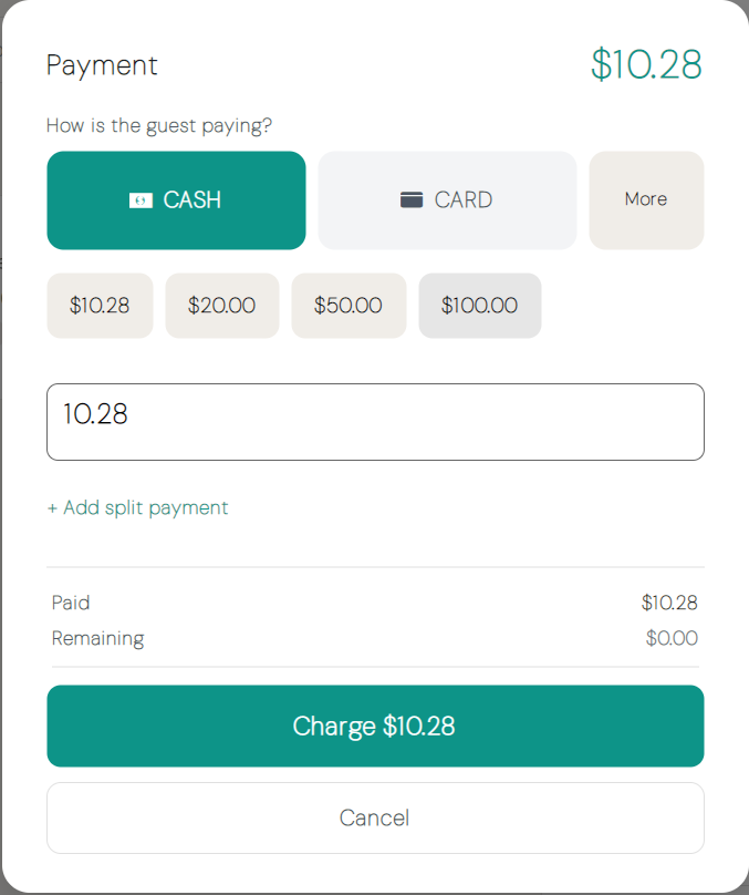 Payment dialog with method selection, tendered amount, and change