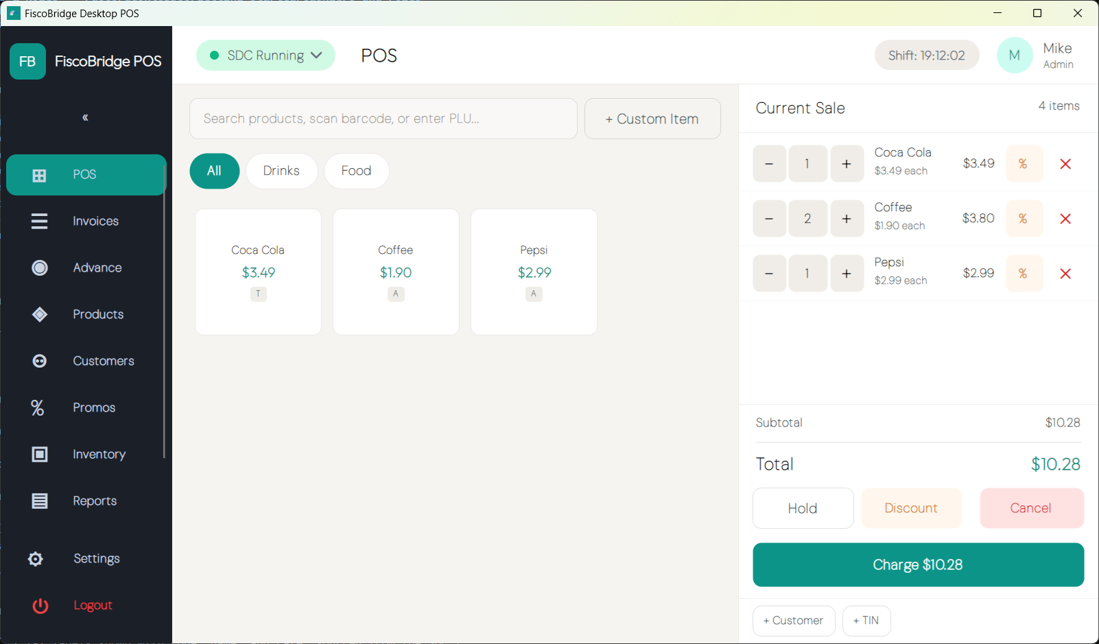 Product grid with category sidebar and a populated cart