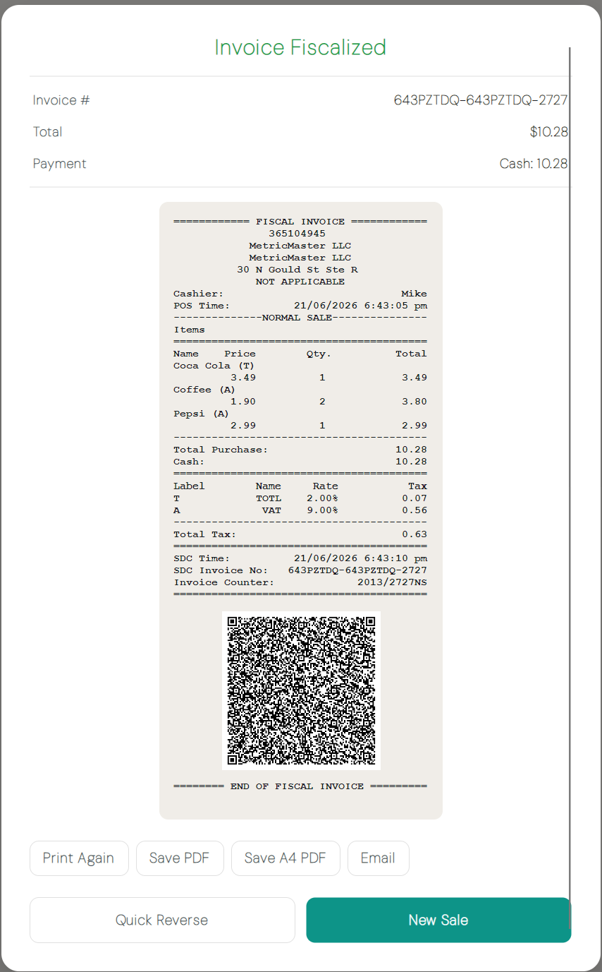 Post-sale screen with invoice number, QR code, and print options