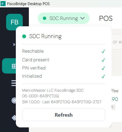 SDC details panel with serial number, software version, and last invoice number