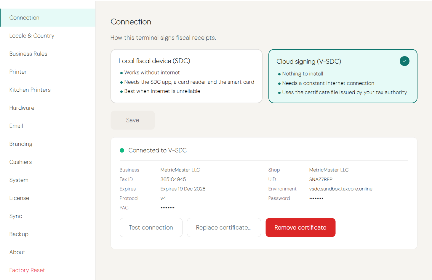 Connection settings with Cloud signing (V-SDC) selected, showing Connected to V-SDC and the certificate details