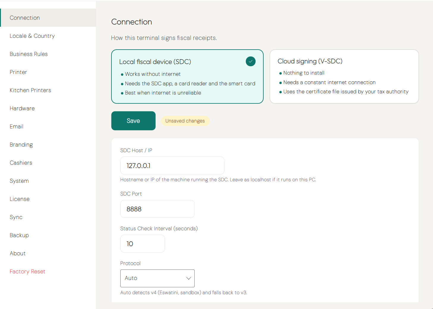 Local fiscal device (SDC) card selected with the Save button and the Unsaved changes badge